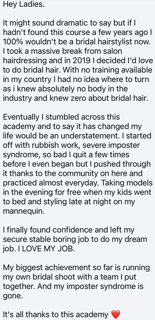 Online Bridal Hairstyling Academy Testimonial